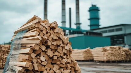 A pile of burnt wood in mesh bags is stored outside an old log cabin, ready for cooking in an outdoor fireplace or as a commercial energy source