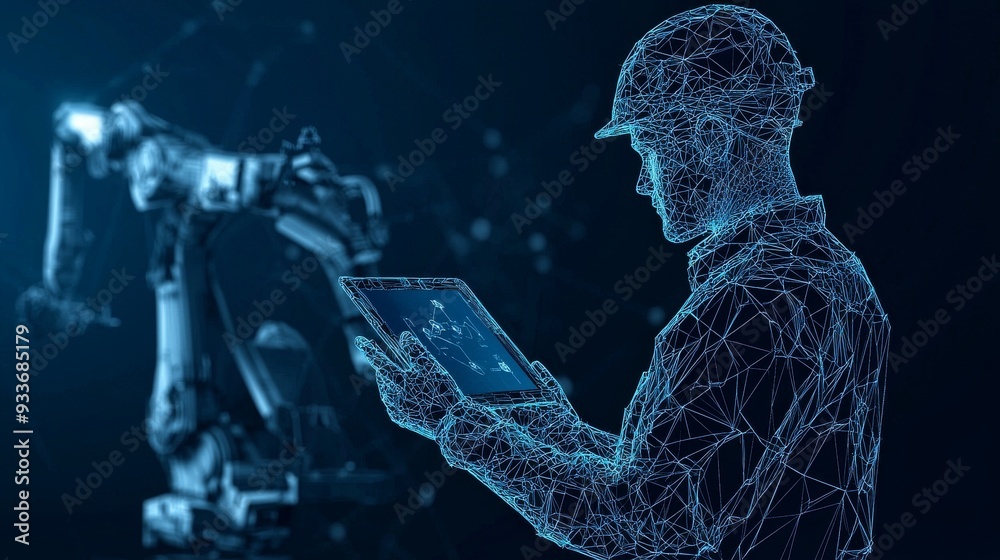 Poster digital worker using tablet with robotic arm in background