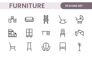 Fototapeta premium Furniture and home interior elements - thin line web icon set. Outline icons of kitchen, living room, bedroom and office collection.