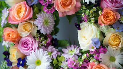 Artistic view of a spring floral wreath made from a variety of flowers, including roses, daisies, and violets, perfect for celebrating the season