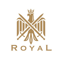 Eagle crest logo design featuring crossed swords and a crown. Ideal for royal themes, luxury branding, and elegant emblems. Vector illustration in gold tones.