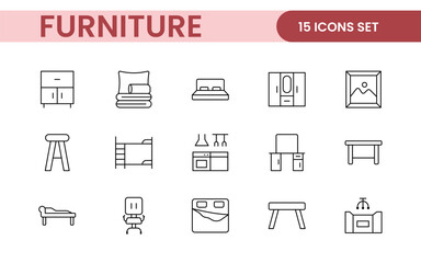 Furniture and home interior elements - thin line web icon set. Outline icons of kitchen, living room, bedroom and office collection.