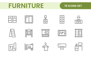 Furniture and home interior elements - thin line web icon set. Outline icons of kitchen, living room, bedroom and office collection.