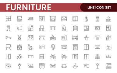 Furniture and home interior elements - thin line web icon set. Outline icons of kitchen, living room, bedroom and office collection.
