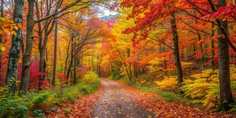 Naklejka premium Hiking on a trail surrounded by colorful fall foliage , Autumn, nature, hiking, outdoors, adventure, foliage, trees