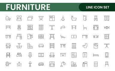 Furniture and home interior elements - thin line web icon set. Outline icons of kitchen, living room, bedroom and office collection.