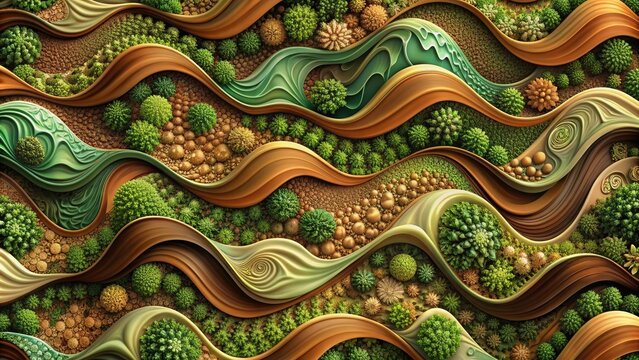 Natural earthy background featuring an intricate wavy pattern of organic shapes in shades of green and brown, evoking a sense of whimsical and fluid elegance.