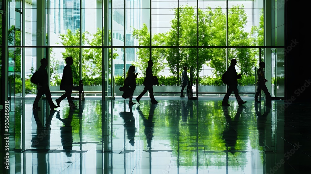 Wall mural Silhouettes of people walking in a modern office building.