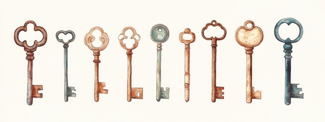Vintage keys illustrated in watercolor style