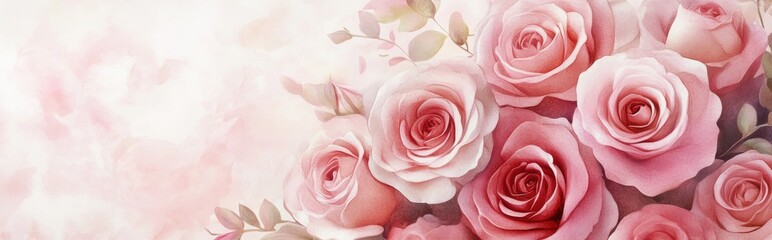 Obraz premium Pink watercolor roses in a bouquet on a light backdrop