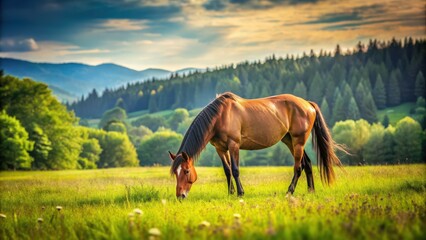 Horse grazing peacefully in a lush meadow , animal, pasture, nature, equine, countryside, outdoors, field, rural, farm, mammal