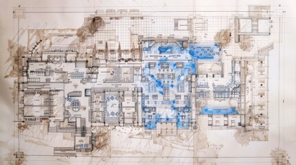Detailed blueprint of a hotel lobby, showing the layout of reception areas, guest rooms,