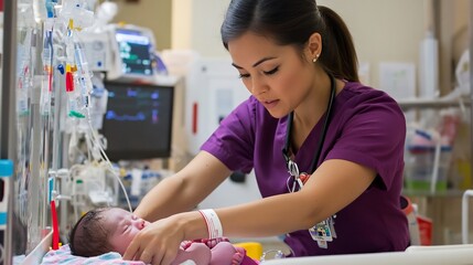 Neonatal nurse practitioner a NICU performing a health check on a premature baby