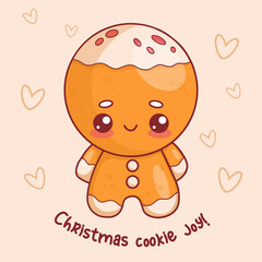 Fototapeta premium Cute Christmas gingerbread man. Festive New Year greeting card with traditional funny sweet pastry kawaii character. Vector illustration