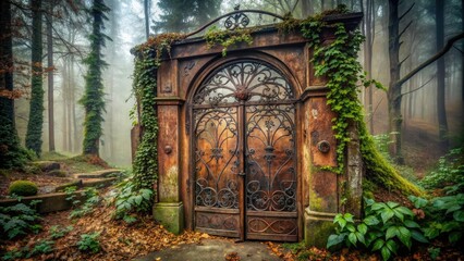 Obraz premium Old, worn, and rusted metal door with intricate carvings and vines growing around it, set against a foggy, misty, and eerie forest background.