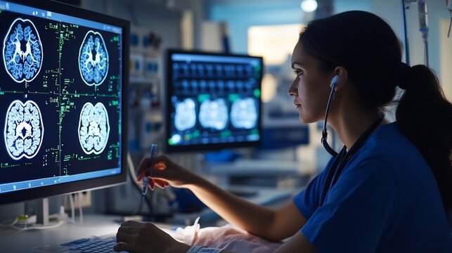 Neuro ICU nurse a critical care unit performing neurological checks on a patient