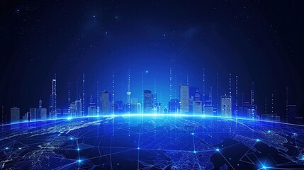 Stunning Blue Gradient Background with City Skyline on Earth’s Horizon, Night Sky, and Digital Technology Elements in High-Resolution Vector Illustration of Global Network and Urban Development