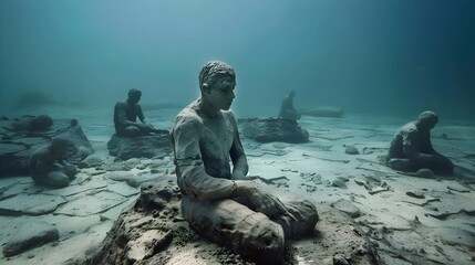 The Museum underwater at ocean and sea.  Statue underwater