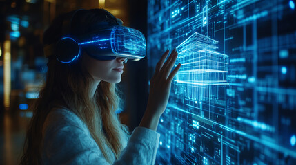 Woman wearing VR headset with blue digital display. Generative AI