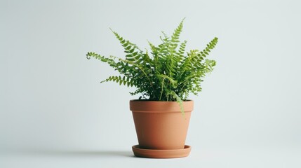 Obraz premium Lush green fern plant growing in terracotta pot on white background