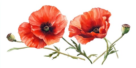 Obraz premium Two red poppies alongside a bud Floral bouquet Watercolor artwork Birthday illustrations Greeting card design Flower background romantic arrangement Hand drawn floral depiction Poppy backdrop