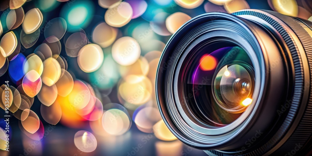 Poster close-up shot of a camera lens with bokeh lights in the background, camera, lens, close-up, bokeh, l