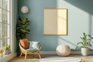 Wall art empty picture frame mockup on wooden desk, wall, table. Vase with olive branches, cactus. Elegant working space, home office concept.