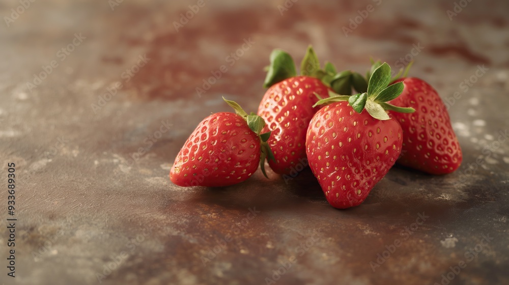 Wall mural Fresh strawberries on rustic background, closeup. Space for text