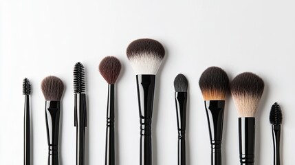 Neat arrangement of illustrated makeup brushes and tools on a pristine, white background, showcasing minimalistic design