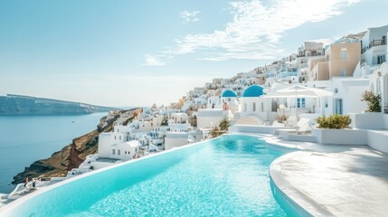 Fototapeta premium A luxurious infinity pool overlooking the caldera in Santorini, with the white-washed buildings and blue domes in the background.