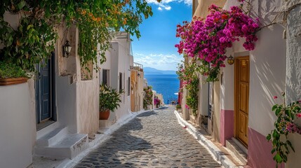 Naklejka premium A narrow cobblestone street in Santorini, lined with white-washed buildings and vibrant flowers, leading to a view of the sea.