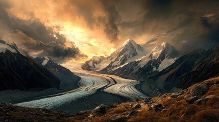 A panoramic view of Mt. Cook and its surrounding glaciers, with the rugged landscape and dramatic skies overhead.