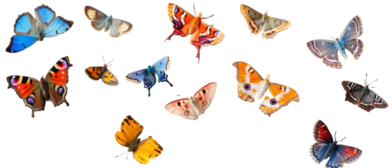 Set of isolated vibrant butterflies and fluttering moths on transparent background. cut flower elements, garden themed designs. Top view high quality PNG." design elements, top view / flat lay.