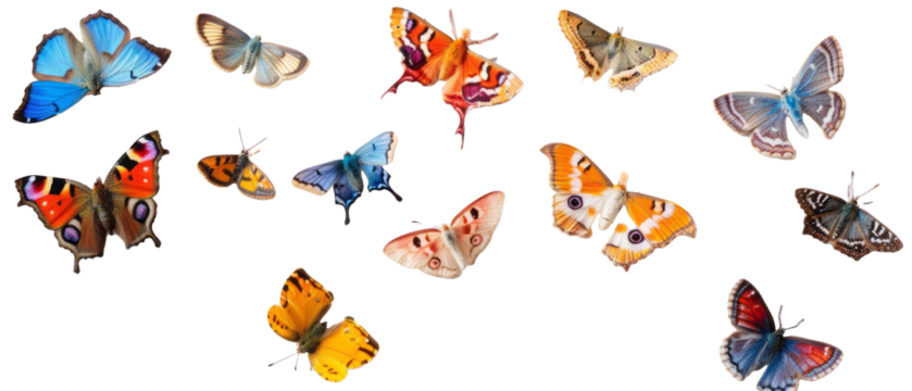 Set of isolated vibrant butterflies and fluttering moths on transparent background. cut flower elements, garden themed designs. Top view high quality PNG." design elements, top view / flat lay.