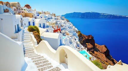 Obraz premium A panoramic view of the white-washed buildings of Oia, Santorini, cascading down the cliffside toward the deep blue waters of the sea.