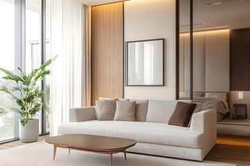 Fototapeta premium Stylish hotel bedroom interior with sofa and bed, glass partition. Mockup frame