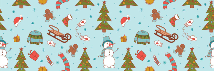 Seamless pattern of New Year elements. Vector illustration.