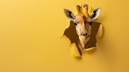 Cute giraffe peeks through the hole in the paper wall.