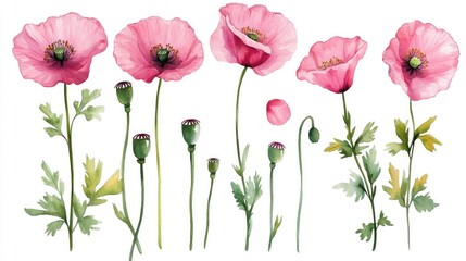 Obraz premium Set of watercolor pink poppy flowers