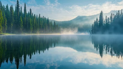 A tranquil morning at Kanas Lake with mist rising from the water, revealing the serene beauty of the surrounding forests.