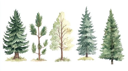 Watercolor collection featuring oak trees fir trees pine and spruce Forest elements for landscapes