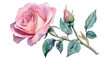 Fototapeta premium Pink rose watercolor illustration Hand drawn rose depiction Isolated flower sketch