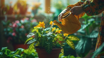 Woman Watering Indoor Plants with Yellow Watering Can in Sunlit Room Filled with Greenery and Blooming Flowers