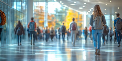 Students walking to class in a university or college environment. Moving crowd motion blurred background. Hand edited generative AI.
