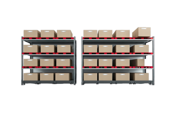 Storage shelves filled with cardboard boxes, ideal for warehouse, inventory, and organization themes.