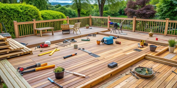 Backyard deck under reconstruction, tools and materials scattered around , renovation, construction