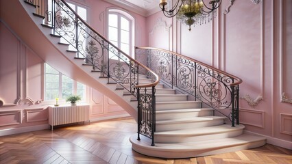 Pastel pink staircase with ornate iron railing and soft natural light creates a whimsical and Instagram-worthy backdrop in a beautifully styled interior space.