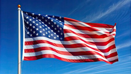 Fototapeta premium Patriotic symbol of freedom, the stars and stripes American flag waves proudly, symbolizing national pride and unity against a clear blue sky.