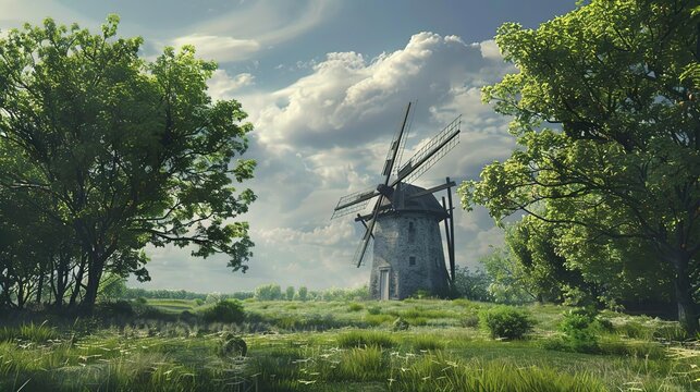 Windmill in a Lush Green Meadow - 3D Illustration