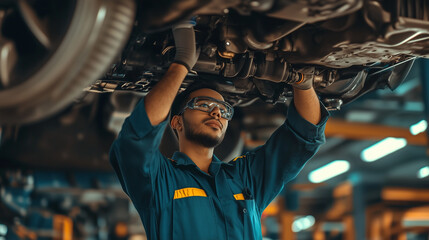 Professional car mechanic wearing glasses inspecting vehicle on an overhead lift in an auto repair shop, hands behind head while working on car maintenance. High-quality image capturing detailed autom